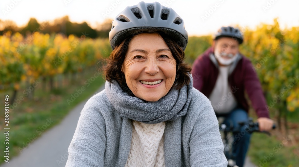 Fototapeta premium Senior woman cycling on a scenic path surrounded by vineyards, wearing a helmet and scarf, with a smiling man riding in the background during a sunny day