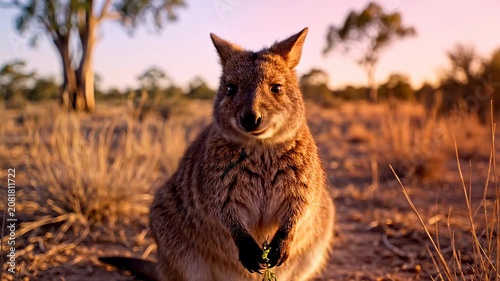 Wallaby standing in Australian outback at sunset.