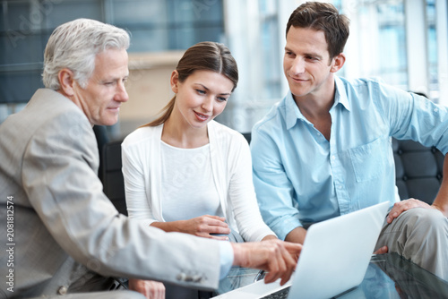 Businessman  laptop or finance advice with couple in office for helpful guide or budget planning. Man  woman or listening to financial advisor on computer for assistance  tax or expenses in workplace