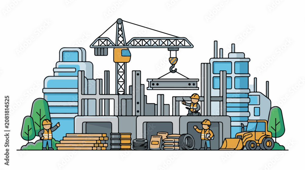Fototapeta premium Construction site with crane workers and machinery building