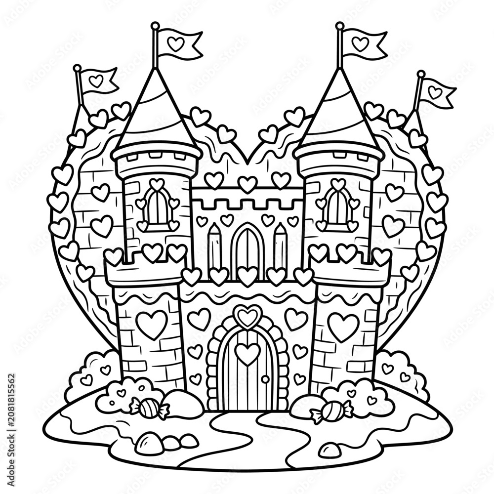 Obraz premium Heart shaped fairytale castle coloring page