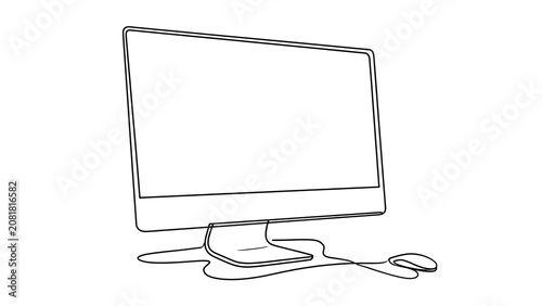 Minimalist Line Drawing of Desktop Computer Setup.