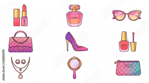 Colorful fashion and beauty accessories icons set