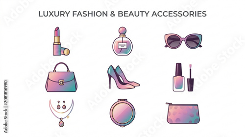 Luxury fashion and beauty accessories icons featuring lipstick perfume sunglasses handbag high heels nail polish jewelry compact mirror