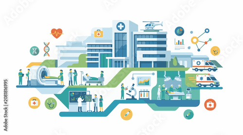 Modern healthcare system with medical professionals technology and facilities