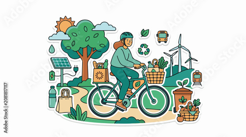 Person on bicycle surrounded by eco-friendly elements and clean transportation