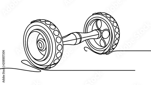 Minimalist Line Drawing of Two Wheels and Axle.