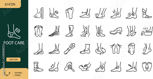 Foot Care and Podiatry Line Icon Set with Editable Stroke. Vector Illustration