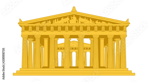 Fotografía Golden Ancient Greek Temple Facade, Classical Architecture, Doric Columns, Pedim