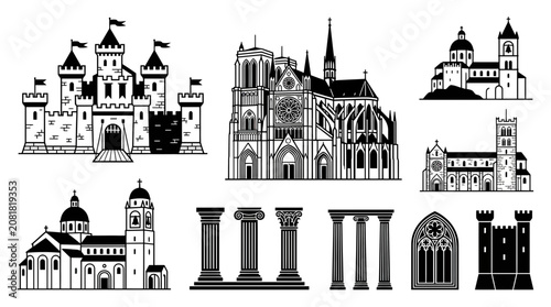 Cuadro en lienzo Collection of historical buildings and architectural elements, vector illustrati