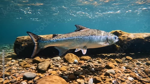 Salmon swimming underwater over a rocky riverbed