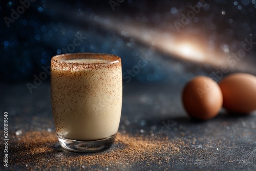 Eggnog in glass with spices and cosmic background