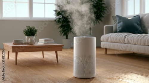Humidifier mist improving air quality in modern living room