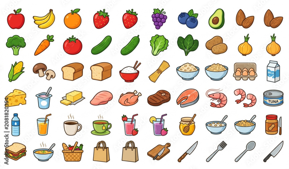Fototapeta premium Illustrate a high-quality flat vector bundle containing 60 unique cartoon grocery items arranged in a professional catalog layout on a solid white background. Include fresh fruits, vegetables, meats, 
