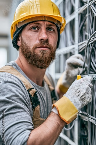 Electrician installing wiring in server rack, vertical