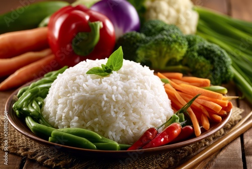 White rice bowl served with fresh steamed vegetables