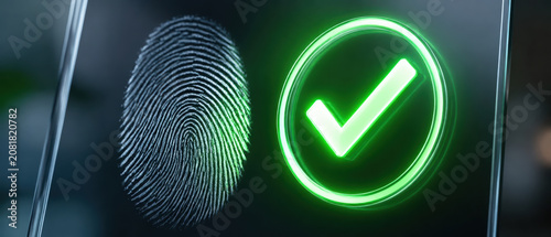 Fingerprint check mark biometric security verification authentication scanner digital access approved on screen with green light
