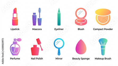Collection of colorful makeup essentials icons on white background
