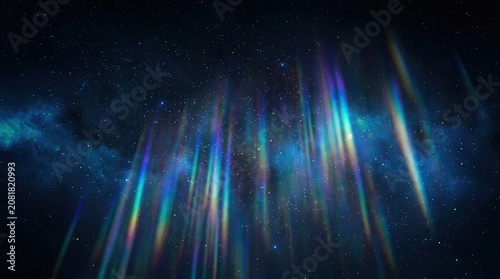 Vibrant colorful light beams ascending into a starry night sky, resembling an aurora or cosmic phenomenon.