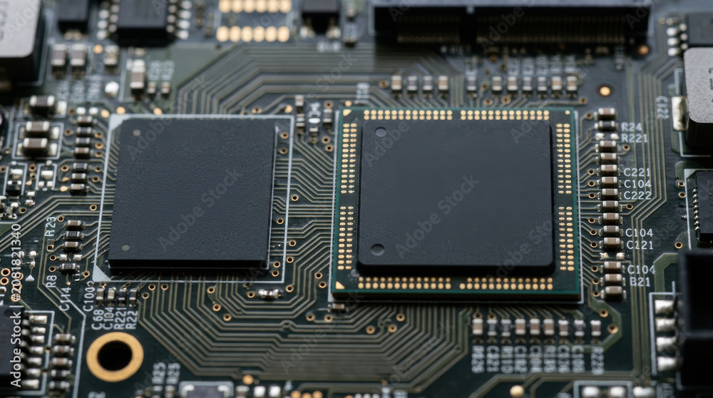 Fototapeta premium Chip circuit board processor microchip electronic component technology, two dark computer chips circuit board with detailed trace and pin pattern