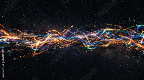 Vibrant abstract energy wave of glowing particles and lines against a dark, starry background, depicting digital flow or cosmic connection.