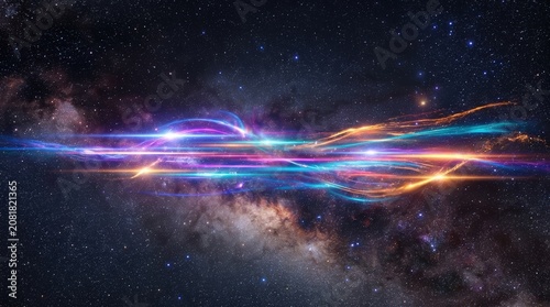 Vibrant abstract light streaks and energy waves illuminate a dark starry cosmic background, resembling a colorful galactic phenomenon.