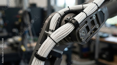 White wire bundle robotic arm cable harness industrial machine closeup in workshop with black clamp, metal joint, blurred background