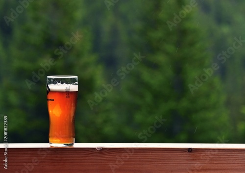 Ein Glas Bier mit Tannenwald Hintergrund