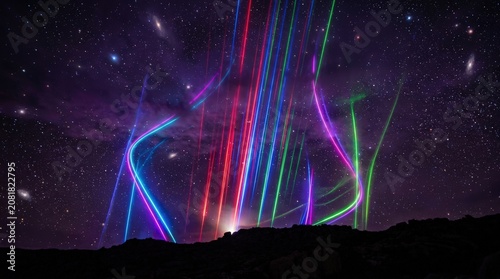 Vibrant colorful light beams ascend from a dark horizon into a starry night sky with distant galaxies, creating an ethereal and futuristic landscape.