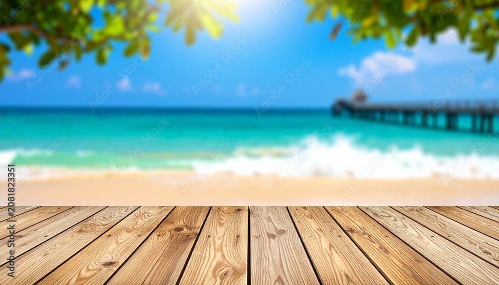 Fototapeta premium Wooden table sea background. Beach boardwalk wood planks floor ocean view horizon blurred seascape, realistic pier tropical nature travel tour backdrop, exact vector illustration