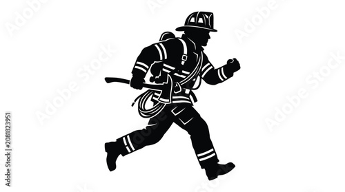 Canvastavla Solid black silhouette of a brave firefighter running quickly while holding a he