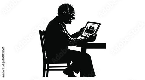 Bild auf Leinwand Silhouette illustration of an elderly man sitting on a wooden chair while holdin