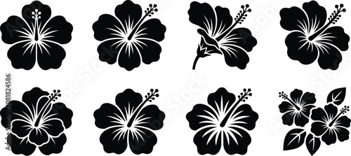 Hibiscus flower silhouette icon set, tropical Hawaiian floral vector collection, retro pop hibiscus blossom symbols, exotic summer flower illustrations isolated on white