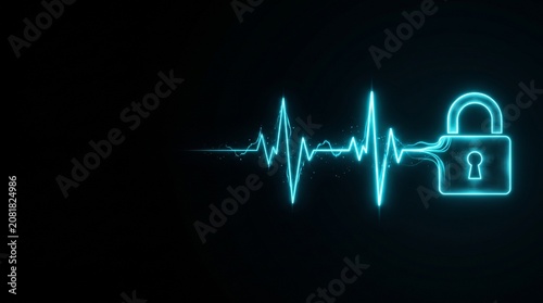 Cyber Security Padlock with Digital Heartbeat Wave on Black Background