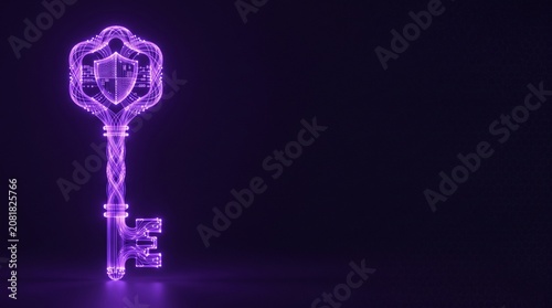 Glowing Digital Security Key with Shield Symbol on Dark Background
