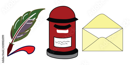 Vintage postal service vector set, traditional red mailbox icon, quill pen with ink and open paper envelope, classic mail and correspondence elements