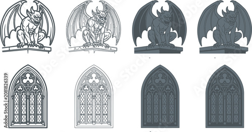 Εκτύπωση καμβά Gothic Gargoyle Statue and Cathedral Window Icons Set Featuring Line Art and Sil