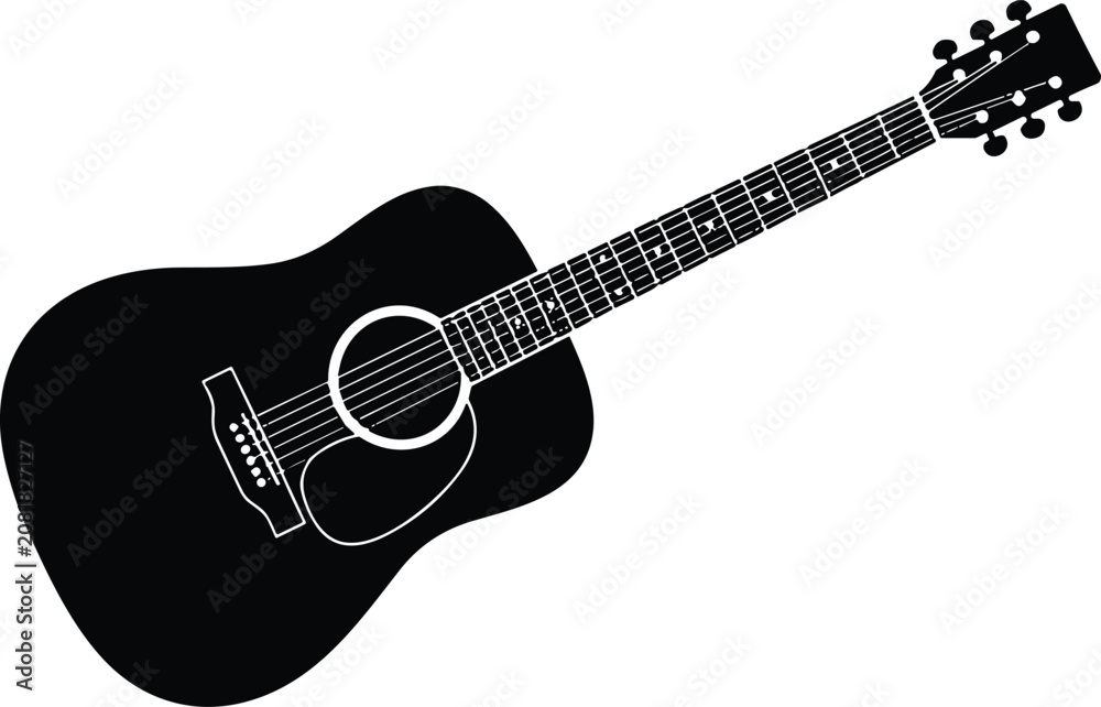 Obraz premium Diagonal acoustic guitar black silhouette isolated on white background musical instrument vector graphic illustration