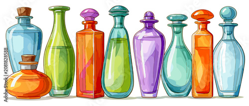 Hand drawn gouache illustration of a colorful perfume bottles set. Vintage glass vials, essential oils and cosmetic jars in a row, isolated on white background.