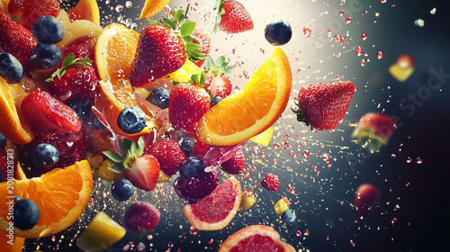Fresh fruits splashing in colorful bursts against a dark background