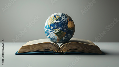 Open book with a globe resting on its pages in a minimalist setting