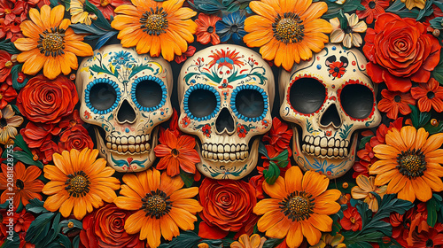 Colorful skeletons celebrate Dia de los Muertos in vibrant floral arrangement