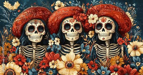 Colorful celebration of Dia de los Muertos with decorated skeletons