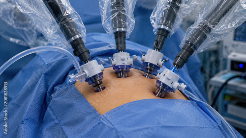 Close-up of four small trocar port cannulas inserted in a blue-draped surgical abdomen. Robotic laparoscopic surgery setup concept.