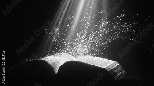 Sparkling particles emerge from an open book under bright light