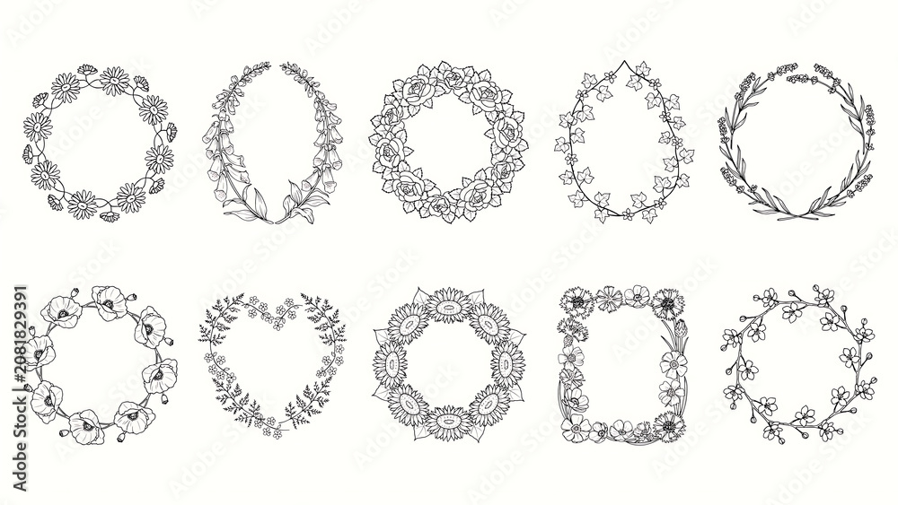 Fototapeta premium Collection of hand drawn floral wreaths for decorative design elements