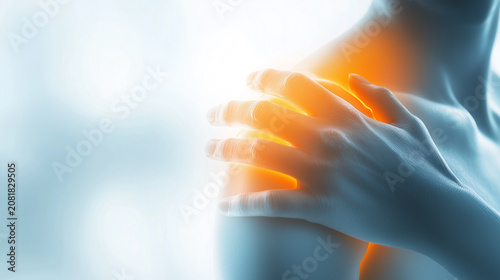 Person experiencing shoulder pain, medical concept with glowing joints