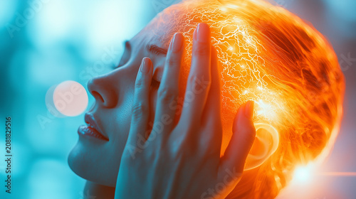 Woman experiencing severe headache with glowing brain nerves, pain concept