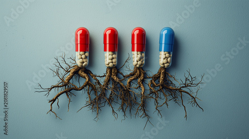 Creative illustration showing capsules growing roots on a textured wall