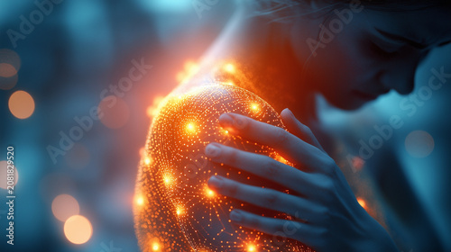 Futuristic representation of shoulder pain, glowing nerves illustration